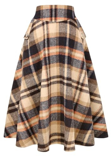 Idealsanxun - Falda larga de lana para mujer, de cintura alta, acampanada, a cuadros, para otoño e invierno, Marrón (Plaid Brown), Large