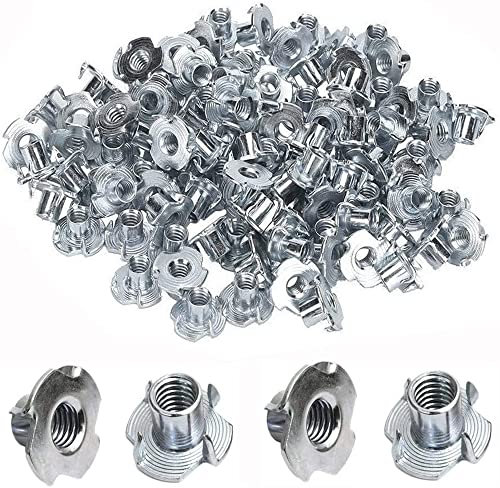 Mesee 100 Stück Vier-Prong T-Nüsse Kits, M6 4 Klauen Einschlagmuttern, Verzinktem Kohlenstoffstahl Nüsse für Möbel, Holzbearbeitung, Handwerker Sortiment Schrauben Kits