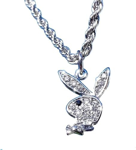 WEIYIing Street Unisex HIP POP Rock Acero Inoxidable Twist Cadena llena de cabezas de conejo perforadas Playboy Rabbit Colgante Collar Hombre Mujer Blanco, Acero inoxidable