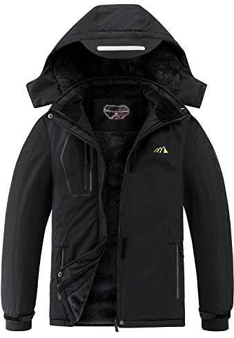 Kid's Ski Jacket Waterproof Boy's and Girl's Warm Fleece Winter Jacket Windproof Hooded Snow Coat (10-12, black)