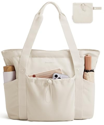 BAGSMART Foldable Tote Bag with Drawstring Bag, Large Tote Bag Shoulder Bag Top Handle Handbag for Travel, Work, Beach, Gym