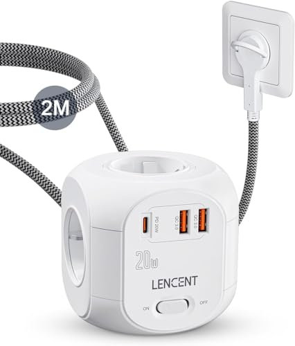 LENCENT 7 in 1 Multipresa Cubo da 2M, Spina Piatta, Multipla Presa Ciabatta con 4 Prese AC(2500W 10A) e 3 USB, PD 20W e QC 3.0 Ricarica Rapida, Multipresa Elettrica con Interruttore per Ufficio e Casa