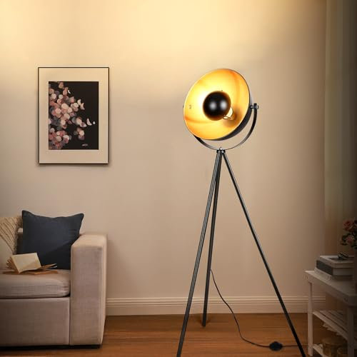 VOWNER Vintage Tripod Stehlampe, Industriestil Stehleuchte mit Fußtaster, Schwarz-Gold Lampenschirm aus Metall, E27 Fassung, Höhe 140 cm, Klassiker Deko für Wohnzimmer, Schlafzimmer