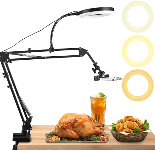 Support de Caméra Aérienne avec Anneau Lumineux, Ring Light avec Support de Téléphone, 3Couleurs et 9 Luminosité Réglables, Anneau Lumineux avec Bras Articulé pour Enregistrement Vidéo Youtube (02)