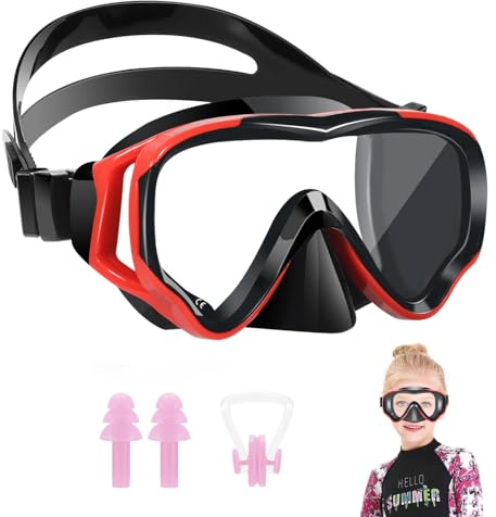 HIKOTEY Maschera Immersione per Bambini,Maschera per Immersioni Anti-Nebbia & Anti-Perdite Panoramica 180°,Dotato di Tappi per le Orecchie e Clip per il Naso,Adatto a Bambini dai 4 ai 16 Anni - Rosso