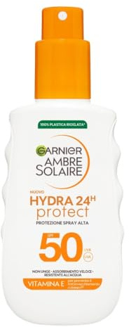 Garnier Hydra 24H Spray Protezione Solare, Per Tutti i Tipi di Pelle, Protezione dai Raggi UV e Idratazione per 24H, Azione Anti-Invecchiamento, Con SPF 50+ e Vitamina E, Ambre Solaire, 150 ml