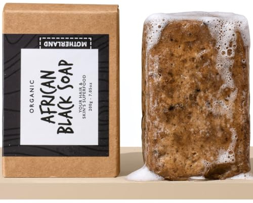 African Black Soap 200g- Raw, Natural and Clarifying - For Acne-Prone Skin, Deeply Moisturises & Soothes - Face & Body Bar for Sensitive, Oily Skin