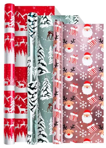 Christmas Wrapping Paper Rolls for Xmas Gift Wrap,3 roll 43cm*3m Luxury Metallic Present Paper for Secret Santa Claus Ornament Party New Year Festive Holiday, Back Printed with Grid Lines