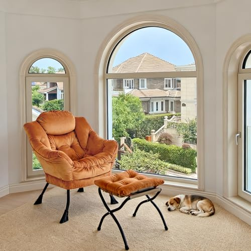 Ligterra Sillón, sillón de lectura, sillón de televisión, sillón de relax, sillón con taburete y reposabrazos, bolsillo lateral y reposapiés, para salón, dormitorio, oficina, 72 × 80 × 93 cm (naranja)