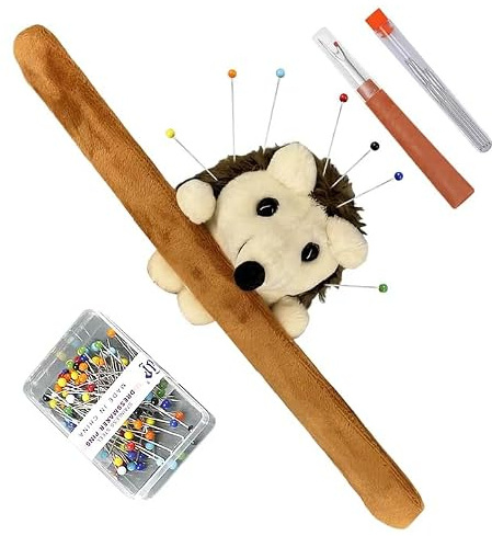 Hedgehog Shape Pin Cushion, Sewing Accessories, Wrist Pin Cushion for Sewing, Pincushions Sewing Kit with 100Pcs Colored Pearl Ballhead Pins + 12 Sewing Needles + 1 Threader Seam Ripper for DIY