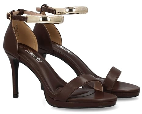 99355 Sandalia de tacon para mujer con diseno elegante, para ocasiones especiales y eventos destacados. Tira ancha en el tobillo metalizada, Cierre de hebilla y tacon alto de aguja. Marron Talla 37