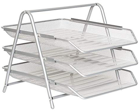 Zuvo Mesh Desk Organiser 3 Tier Letter Tray Organizer Office Desktop Document Paper File Storage Mesh Filling Collection for Home & Office Use (Silver), Sliver
