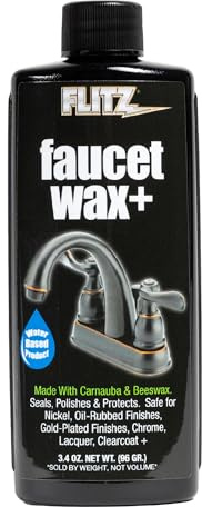 Flitz Faucet Wax Plus - 3.4oz Bottle of USA-Made, Water-Based Faucet Cleaner & Polisher for Water Stains, Fingerprints, & More - Metal Wax for Bronze, Nickel, Chrome, Brass - Granite Polish (1 Pack)