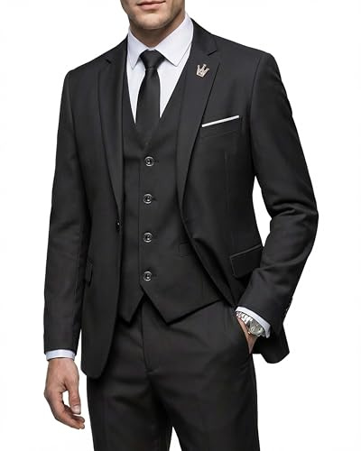 MY'S Men's 3 Piece Suit Set with Tie, One Button Slim Fit Jacket Vest & Pants, Party Wedding Prom Blazer Waistcoat & Trousers, Black X-Large