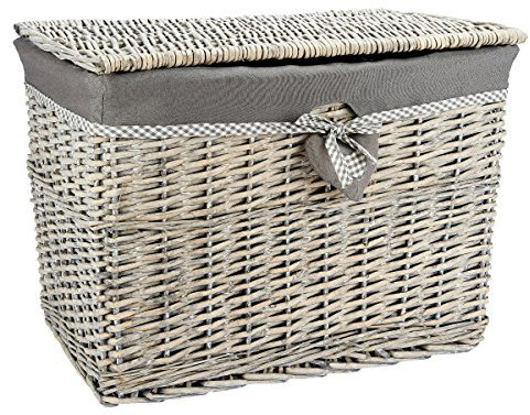 woodluv Large Grey Wicker Storage Basket, Storage Chest Trunk Hamper With Cloth Lining, L59 x D38cm x H43CM