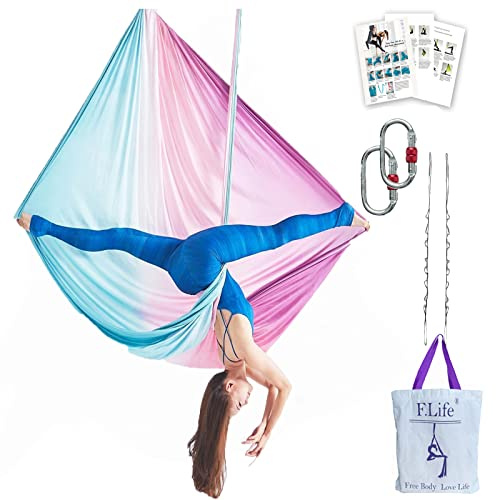 F.Life Aerial Yoga Hammock Silk Swing kit for Antigravity Yoga Inversion Include Daisy Chain,Carabiner and Pose Guide (Fairy Floss Omber)