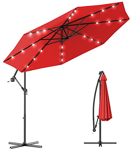 RELAX4LIFE Ø300 cm Sonnenschirm, Ampelschirm Solar LED Beleuchtung, Gartenschirm mit Kreuzbasis, einstellbare Höhe & Winkel, Kurbelsystem, Schrim Sonnenschutz, Garten Balkon Terrasse Pool (Rot)