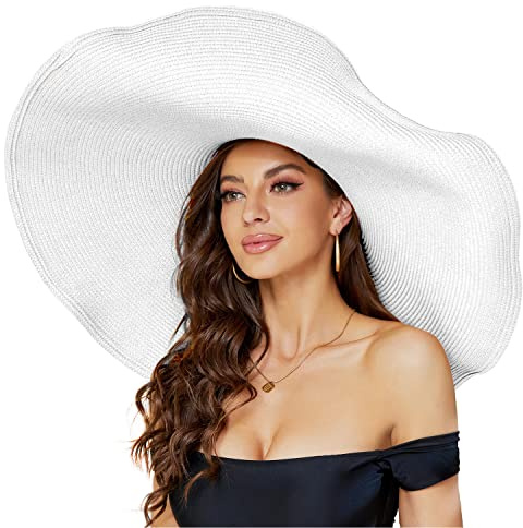 Oversized Beach Straw Hat for Women, Fashion Large Wide Brim Visor Hats Handmade Roll Up Floppy Sun Hat for Summer Beach Cap White