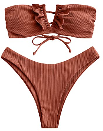 ZAFUL Women's Strapless Ribbed V Wired Lace Up Ruffle Tie High Cut Bandeau Swimsuits Bikini Set(0-Coffee, M)