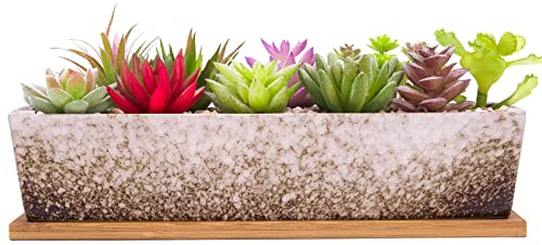 ARTKETTY Grand Pot de Fleurs rectangulaire en céramique de 30,5 cm avec Plateau de Drainage, pour Cactus d'intérieur, Plantes succulentes, bonsaï Peu Profond, décoration de Jardin (Blanc)