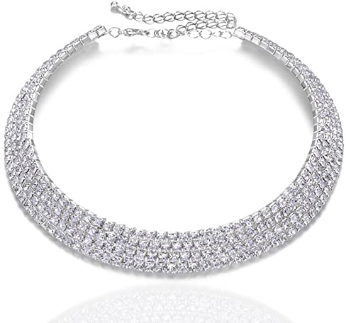 LucBuy Colliers Ras du Cou en Strass, 5 Rangées Collier de Diamants en Argent,Bijoux de Chaîne de Collier de Tennis en Cristal,Mode Demoiselle d'honneur Nuptiale Mariage Fête Bal Colliers pour Femmes
