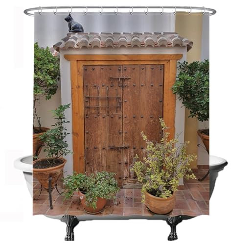 Ulticool Duschvorhang - Türpflanzen Katze Katze Katze Natur - 180 x 200 cm - Waschbar - Anti Schimmel - mit 12 Ringen - Braun Ocker Grün Beige