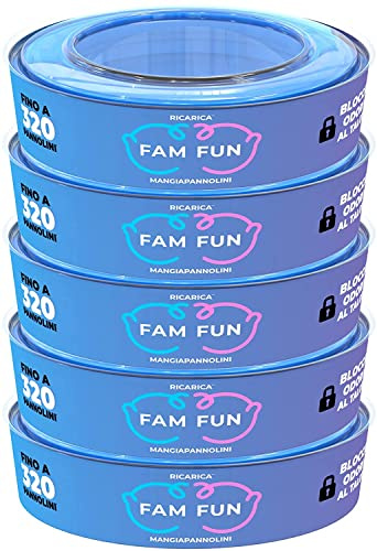 Fam Fun - 5 Ricariche Profumate Compatibili con Mangiapannolini Maialino Foppapedretti Angelcare - Extra Lunghe Contengono più di 1600 Pannolini (Durata Stimata 6 Mesi)