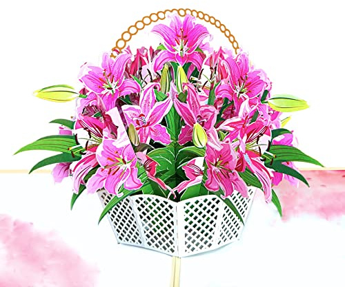 Birthday Pop Up Card, 3D Mothers Day Pop Up Greeting Flower Cards (Lily Basket - Size 20x15 cm)