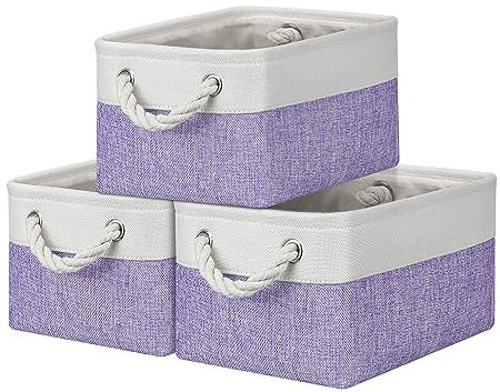Small Storage Baskets with Rope Handles, Collapsible Fabric Storage Box, Small Linen Basket for Bedroom Bathroom Cupboards Shelves Wardrobe (31x21x16cm/3 Pack, White Purple)