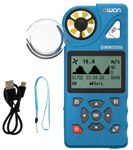 OWON OWM5500 Anemometro Digitale, Strumento HVAC Portatile per Flusso d'Aria CFM, Misurazione della velocità del Vento, Monitoraggio della Temperatura E Dell'Umidità con Sincronizzazione USB al PC