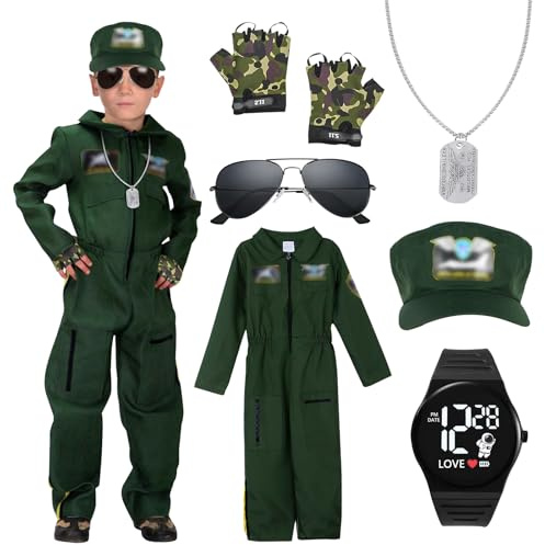 BIQIQI Disfraz Piloto Avion Niños, Disfraz Aviador Niño Disfraz Militar Niño con Mono de Aviador, Gafas de Sol, Sombrero, Guantes, Reloj y Placas de Identificación, Disfraz Carnaval Niño (M)