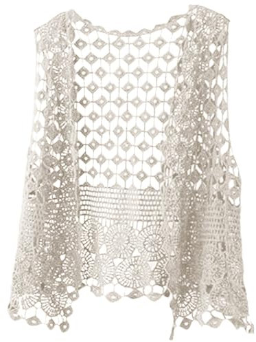 Damen Sommer Ärmellos Strickweste Häkelweste Blumenmuster Retro Ärmellos Vorne Offen Kurze Weste Schal Strickjacke Strick Weste Gilet Häkeln Hohl Spitze Vielseitiger ärmelloser (Beige, One Size)