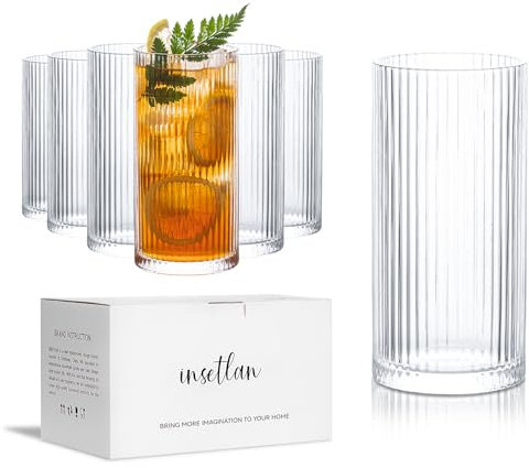 INSETLAN 370ml Geriffelte Longdrinkgläser 6er Set Wassergläser Trinkgläser| Ideal für Whisky, Bier, Säfte, Eiskaffee & Cocktails | Spülmaschinenfest | Hochwertige Trinkgläser & Cocktailgläser