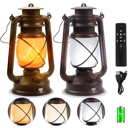 Wondrastical 2 Pack Bronze Vintage 4 Modes LED Lanterns，Rechargeable Flickering Flame Lights Decorative Outdoor&Indoor, Remote Control Waterproof Hanging Lantern for Camping,Patio Garden Pathway