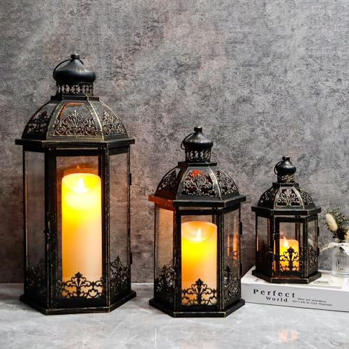 TRIROCKS Large Set of 3 Decorative Lanterns 48 & 34 & 24.5 cm H Vintage Hanging Lantern Metal Candleholder with Tempered Glass for Indoor Outdoor Home Decor Parties Garden(Black with gold Brush)