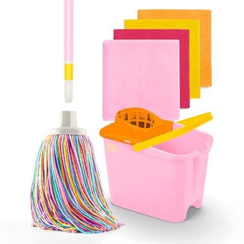 Happy Rainbow - Fregona con Palo Plegable, Cubo y 4 Bayetas de Microfibra Reciclada Set de Limpieza Sostenible para Hogar Suelos y Todo Tipo de Superficies