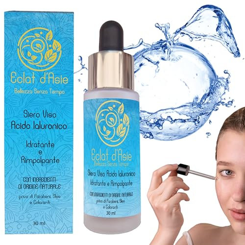 30ml Siero Viso Acido Ialuronico Triplo Peso Molecolre Antimacchia e Antiage con Vitamina C ed E, Collagene, Effetto Idratante e Rimpolpante, Formula Naturale Vegana Made in Italy