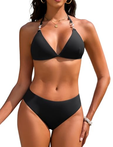 Vijamiy Triangel Bikini Damen Set Sexy Push Up Zweiteiliger Bademode String Bikinis für Damen Neckholder Swimsuit Träger Oberteil mit Riemen Perlen(Schwarz,M)