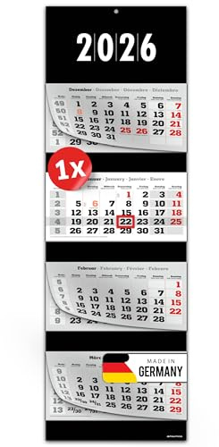 PRIMUS PRINT Calendario XXL 2026 – Calendario de pared – Calendario de pared de 4 meses – con fecha deslizante, calendario para colgar, incluye días festivos y vacaciones, varios diseños – [1 x negro]