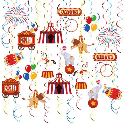 Vsosfiza Carnival Hanging Swirl Set Party Decorations, 48 Pcs, Circus Joker Balloon Party Supplies Sign,Red Blue Yellow
