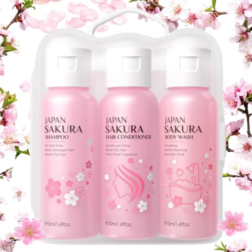 Travel Shampoo and Conditioner, Mini Shower Gel,Mini Hair Care for Moisturizing & Nourishing, Leak-Proof TSA Approved Toiletries for Women & Men， Perfect Sakura Shower Gift Set with Moisturizing