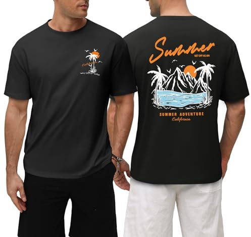 Xnova Camisetas Manga Corta Hombre Verano Camiseta Algodón Hombre Camiseta Estampada 100% Algodón Holgada Gráfico Playa Palmera Surf Cuello Redondo Baggy para Vacaciones y Diario, Negro, L