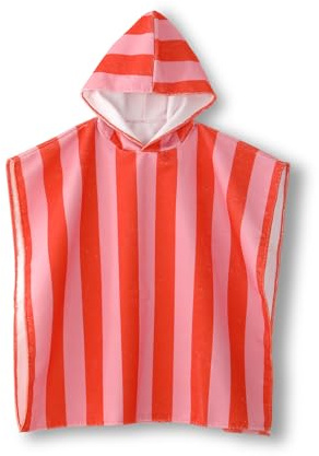 MONOBLANKS Striped Hooded Towels for Kids, 30 x 30 Soft Absorbent Beach Poncho Towel for 3-10 Years Boys Girls, Perfect for Pool Swimming, Bath, Beach (Pink-Orange)