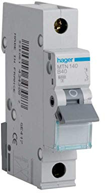Hager MTN140 Miniature Circuit Breaker, 1 Pole, 1 Module, Type B, 6 kA Breaking Capacity, 40 A Current