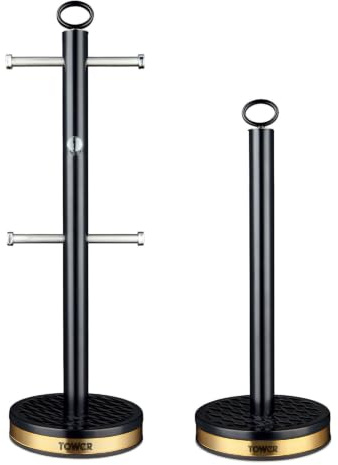 Tower T826092BLK Empire Mug Tree and Towel Pole Set, Stainless Steel, Anti-Slip, Black and Brass