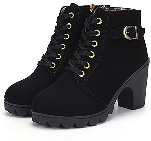Remxi Stivaletti da donna con tacco alto e zeppa spessa con cerniera alla moda, Nero , 39.5 EU