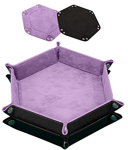 SIQUK 2 st tärningsbricka PU-läder tärningsbrickor hopvikbar hexagon tärningshållare | Bärbara tärningsbrickor för RPG DND och andra bordsspel (Lilac, svart)