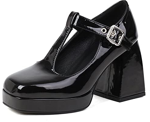 Bviennic Donna Square Toe Moda Tacco Chunky Plateau Mary Jane Scarpe Prom Festa Tacco Alto con Cinturino alla Caviglia Pump Largo Fit Bride Scarpe Nero Numero 34 EU