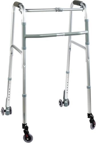 Andador Plegable Regulable en Altura Con 2 Ruedas Giratorias y 2 Gemelos Autobloqueantes Con Sistema de Frenado a Presión