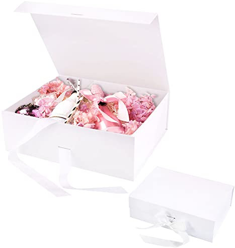 GAROMIA Geschenkbox mit Deckel Weiß Geschenkbox mit Schleife 21x17 x7 cm Geschenkverpackung Weiss Große Weiße Geburtstag für Geschenke Hochzeit Weihnachten Jubiläum